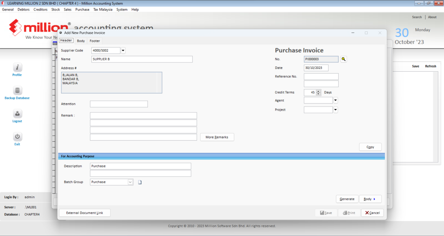 Purchase Invoice - Million Software