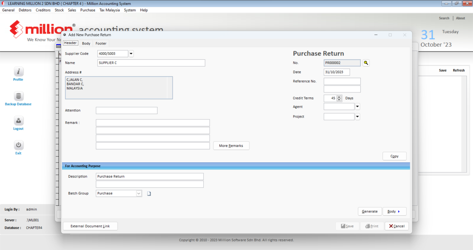 Purchase Return - Million Software