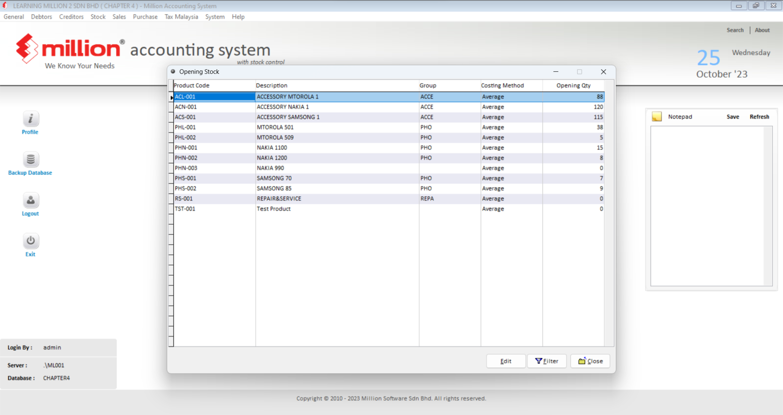 Opening Stock - Million Software