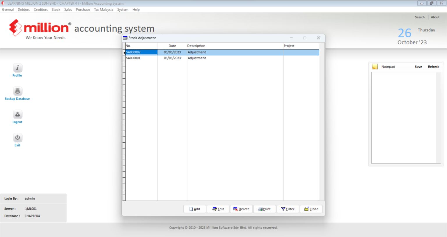Stock Adjustment - Million Software
