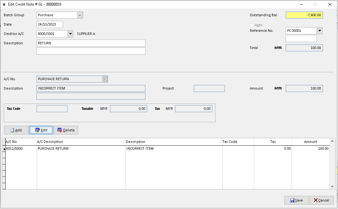 Creditor Credit Note | Million Software