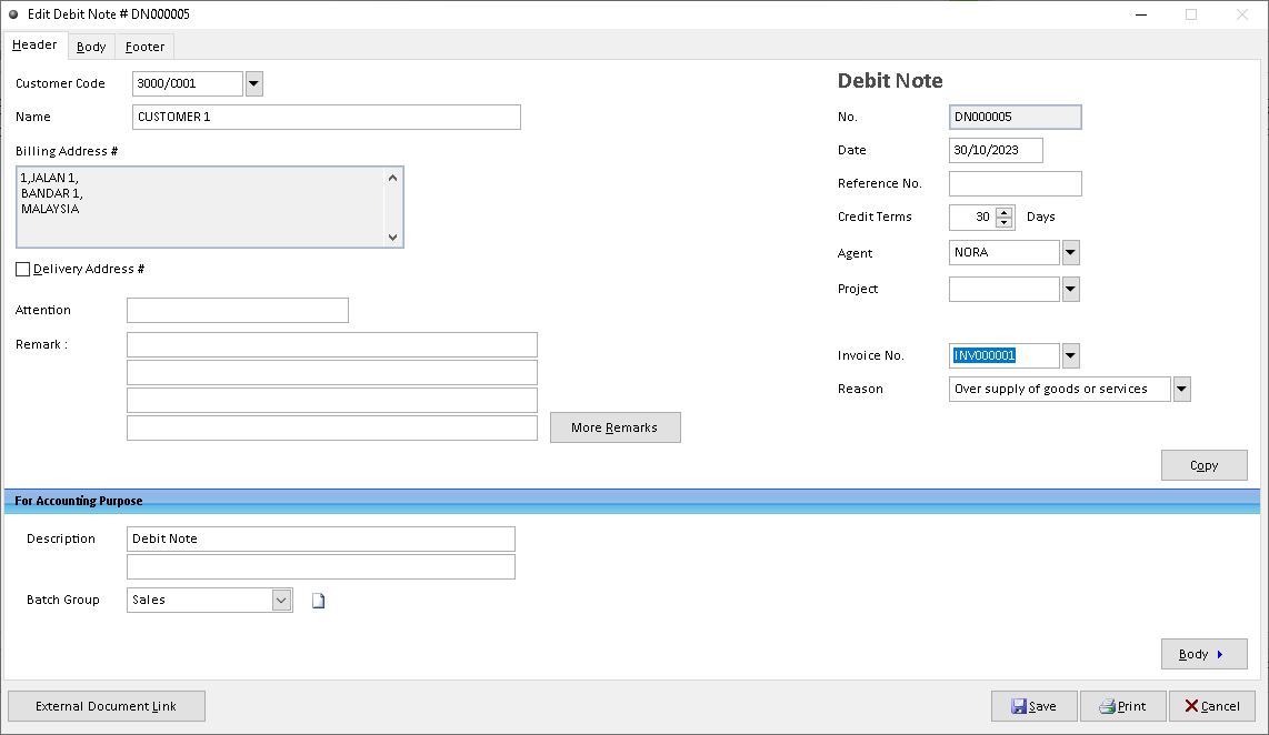 Sales Debit Note | Million Software